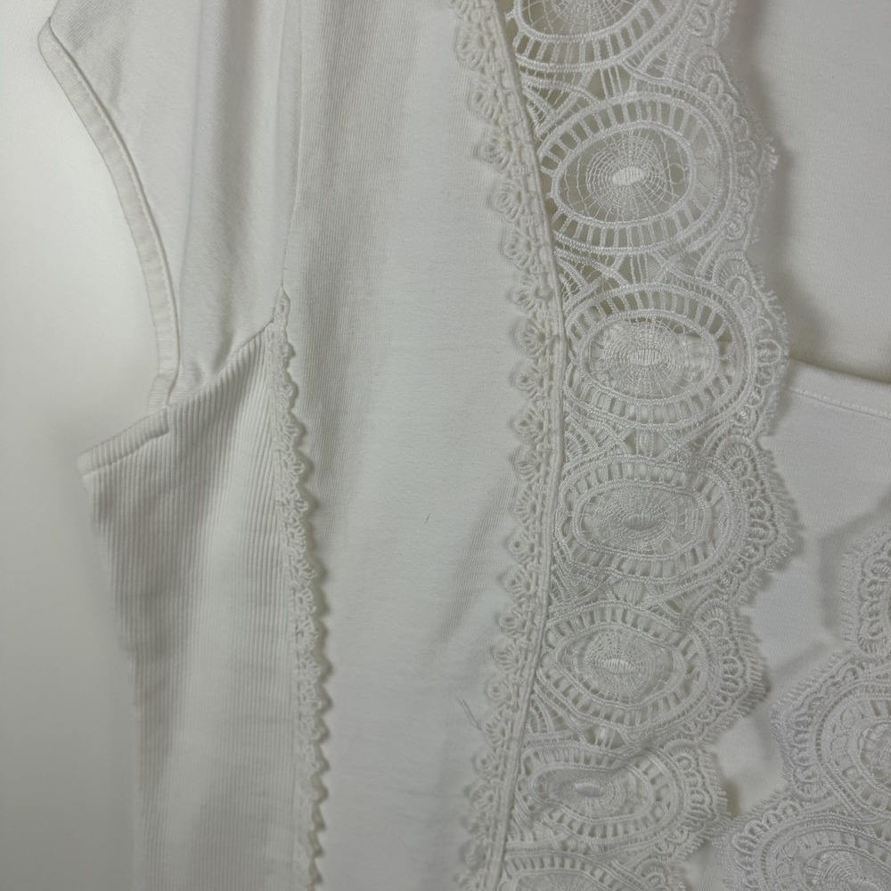 Soft Surroundings White Crochet Lace V-Neck Ribbed Knit Top Large Feminine Comfy - Picture 2 of 9